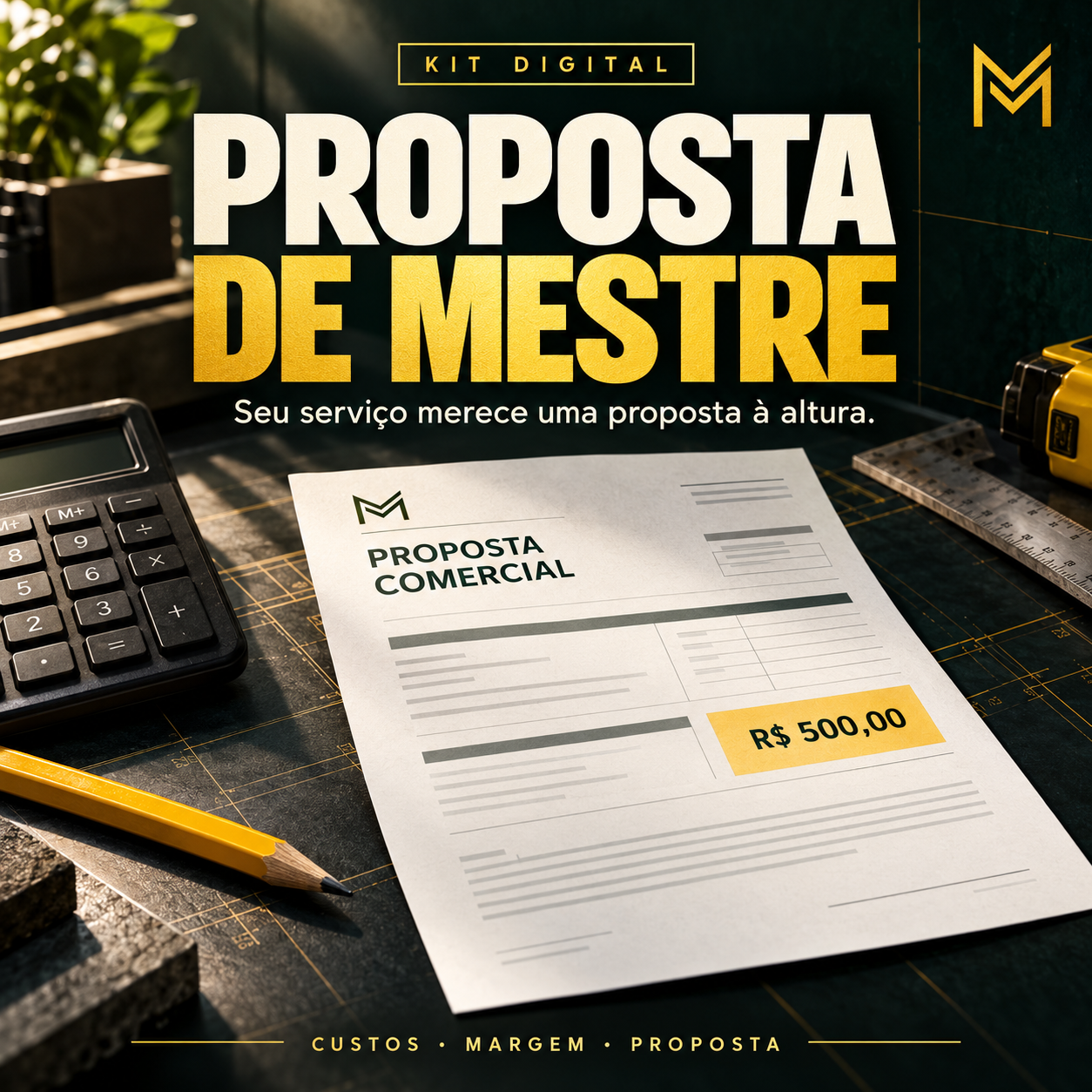 Proposta de Mestre. Seu serviço merece uma proposta à altura. Arte ilustrativa de uma proposta comercial com calculadora e ferramentas.
