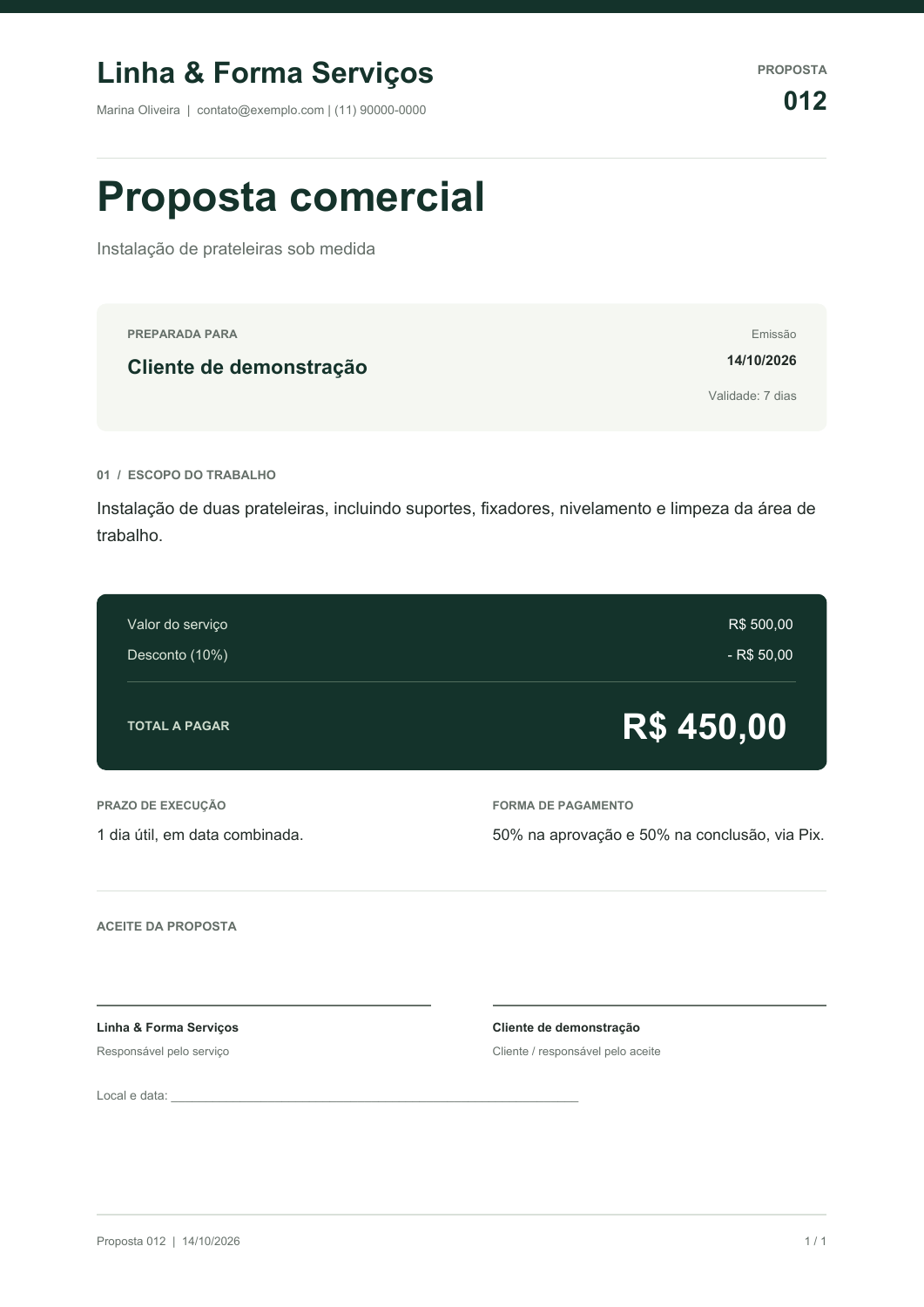 Exemplo real de PDF gerado pela ferramenta: identificação do prestador, escopo, desconto, valor final e campos para assinatura.